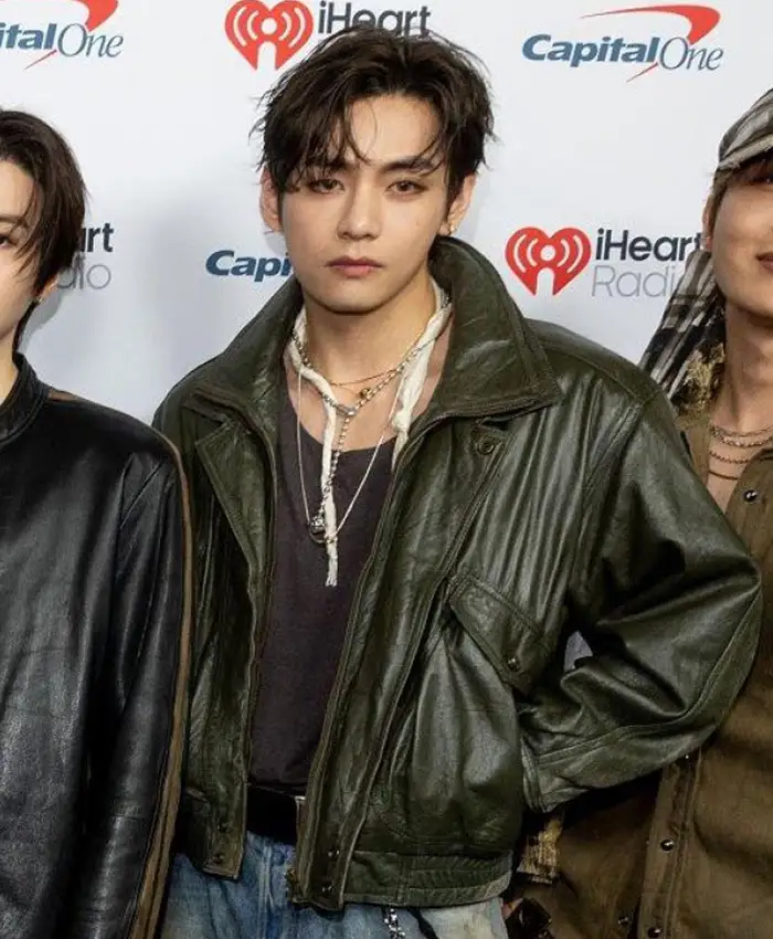 Close view of BTS Kim Taehyung V Las Vegas iHeartRadio Music Festival 2026 Green Leather Jacket