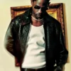 Close view of Bottega Veneta 2026 Outlander Magazine Milan Travis Scott Black Leather Jacket