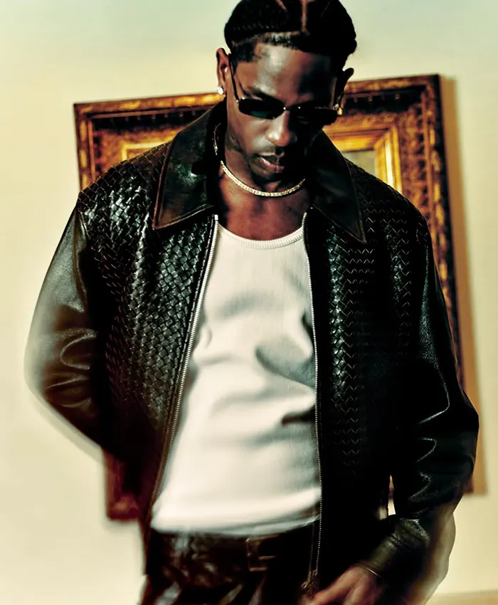 Close view of Bottega Veneta 2026 Outlander Magazine Milan Travis Scott Black Leather Jacket