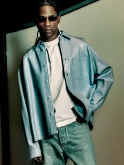 Close view of Bottega Veneta 2026 Outlander Magazine Milan Travis Scott Light Blue Leather Shirt Jacket