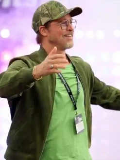 Close view of Brad Pitt NASCAR Cup Series Chase Bass Pro Shops 2026 Tennessee Green Suede Leather Bomber Jacket
