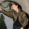 Close view of Celine Dion Impromptu Performance on Friday Night Paris Grey Satin Bomber Jacket