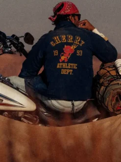 Close view of Cherry Los Angeles 1993 Athletic Dept Dark Blue Cotton Workwear Jacket