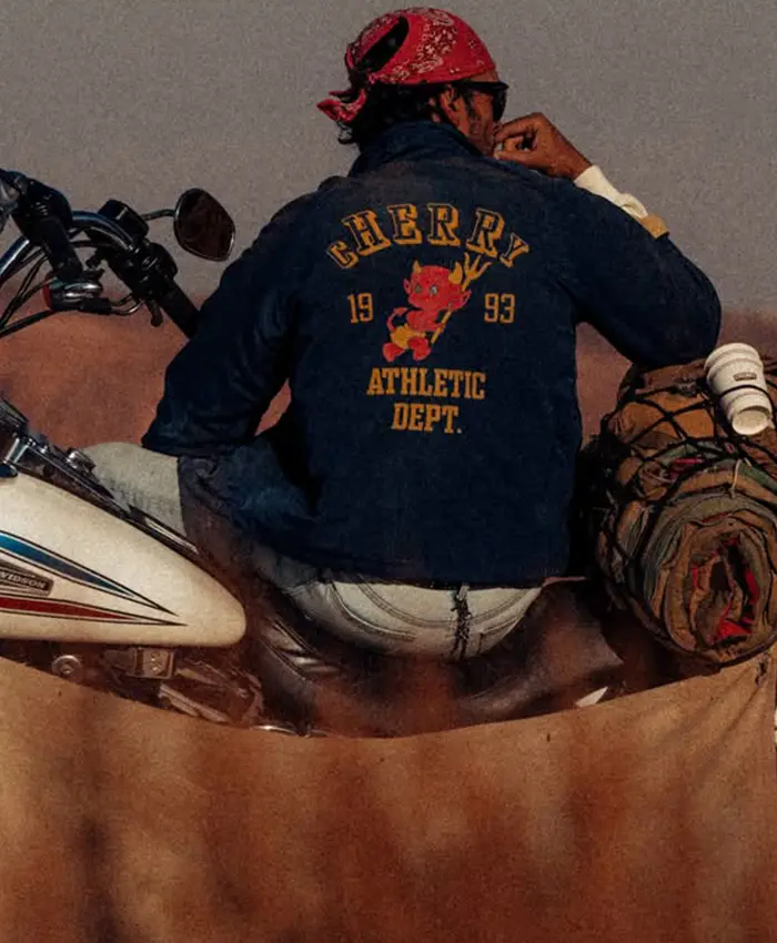 Close view of Cherry Los Angeles 1993 Athletic Dept Dark Blue Cotton Workwear Jacket