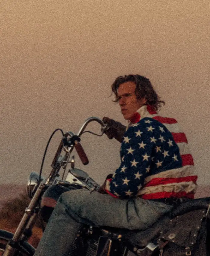 Close view of Cherry Los Angeles Motorcycle American Flag Polyester Track Jacket Sale