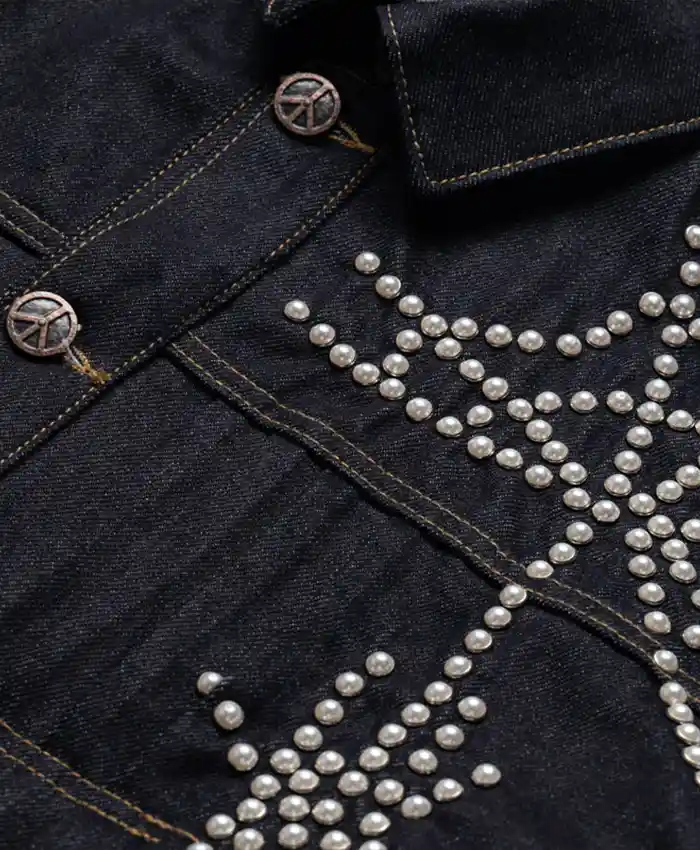 Close view of Cleveland Browns Shemar Stewart Boredom Kills Spider Type Dark Denim With Rivet Jacket