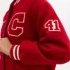 Close view of Coach Vibrant Red C Patch 41 Wool Bomber Varsity Jacket Sale