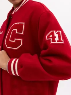 Close view of Coach Vibrant Red C Patch 41 Wool Bomber Varsity Jacket Sale