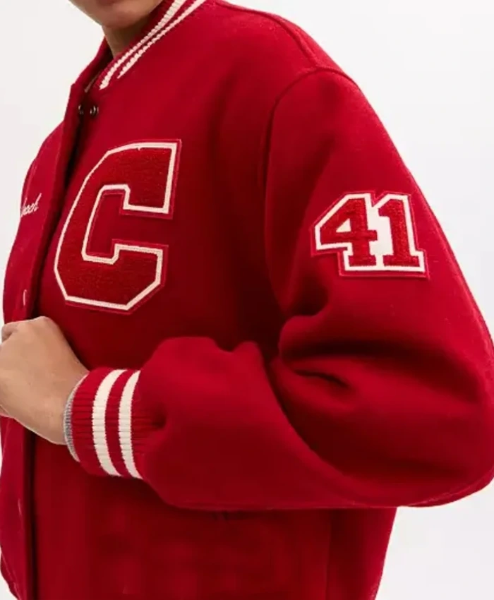 Close view of Coach Vibrant Red C Patch 41 Wool Bomber Varsity Jacket Sale