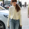 Close view of Daisy Edgar-Jones Fall 2026 London Alexander McQueen Off-White Cotton Jacket