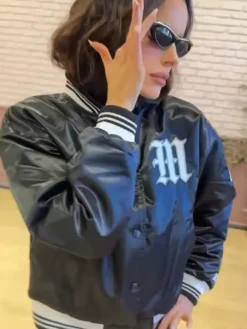 Close view of Dancing with the Stars S35 Team Tink Maura Higgins Black Satin Starter Varsity Jacket