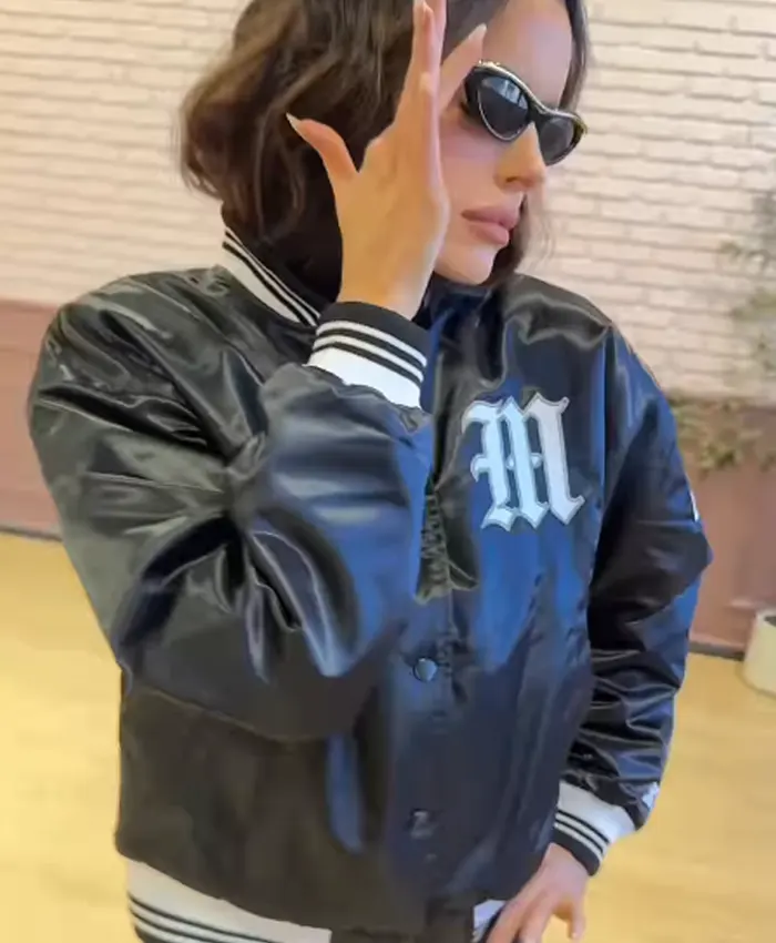 Close view of Dancing with the Stars S35 Team Tink Maura Higgins Black Satin Starter Varsity Jacket
