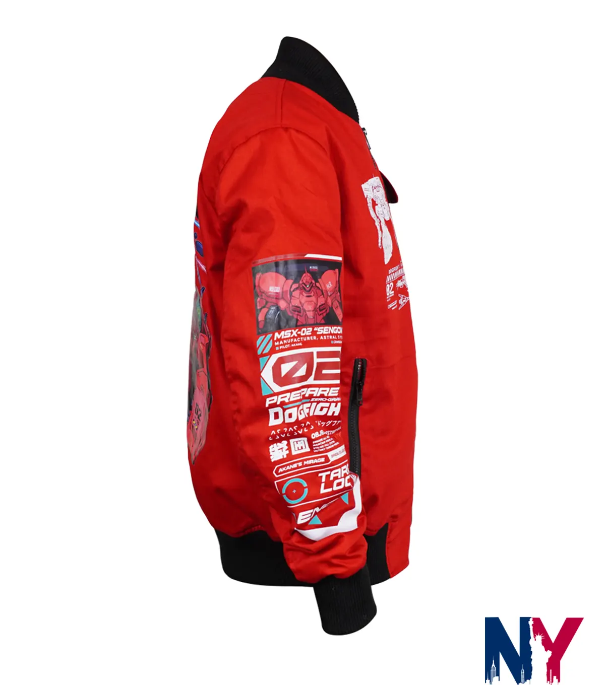 Close view of Dogfight Sengoku Edition Anime Techwear Red Cotton Bomber Jacket with Printed Back