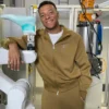 Close view of French Soccer Player Kylian Mbappe On Olive-Brown Fleece Tracksuit Sale