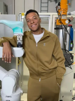 Close view of French Soccer Player Kylian Mbappe On Olive-Brown Fleece Tracksuit Sale