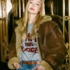 Close view of Gigi Hadid Tommy Hilfiger Shearling Leather Natural Cognac Aviator Jacket