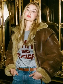 Close view of Gigi Hadid Tommy Hilfiger Shearling Leather Natural Cognac Aviator Jacket