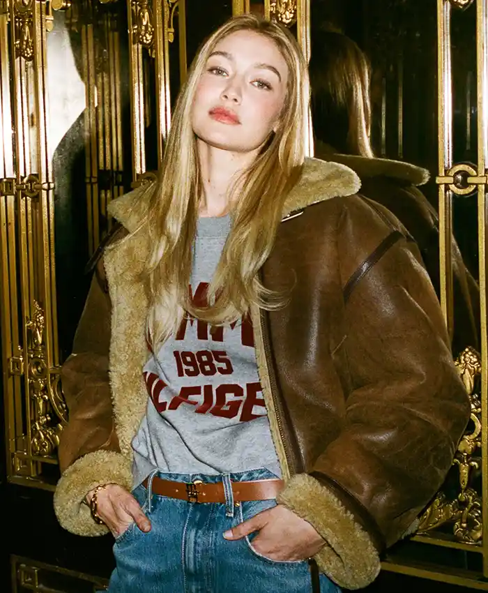 Close view of Gigi Hadid Tommy Hilfiger Shearling Leather Natural Cognac Aviator Jacket