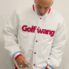 Close view of Golf Wang White Full Snap-Button Satin Varsity Bomber Jacket Sale