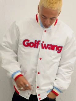 Close view of Golf Wang White Full Snap-Button Satin Varsity Bomber Jacket Sale