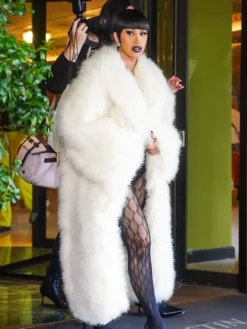 Close view of Gucci Spring Show Milan Fashion Week 2027 Cardi B White Faux Fur Trench Coat