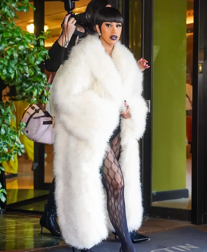 Close view of Gucci Spring Show Milan Fashion Week 2027 Cardi B White Faux Fur Trench Coat