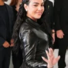 Close view of Gucci Spring Show Milan Fashion Week 2027 Georgina Ronaldo Gucci Black Leather Jacket