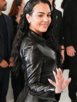 Close view of Gucci Spring Show Milan Fashion Week 2027 Georgina Ronaldo Gucci Black Leather Jacket