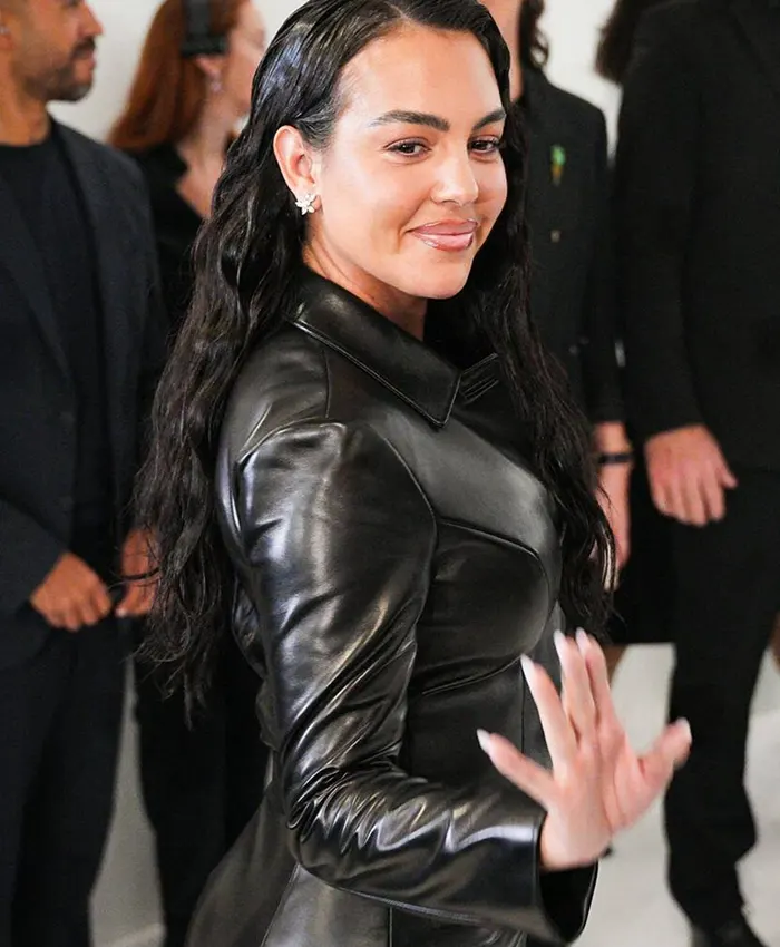 Close view of Gucci Spring Show Milan Fashion Week 2027 Georgina Ronaldo Gucci Black Leather Jacket