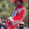 Close view of IShowSpeed KFC Commercial Red And White Leather Western Fringe Jacket