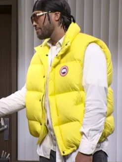 Close view of Jalen Brunson NBC Saturday Night Live Season 52 Premiere Parachute Yellow Puffer Vest