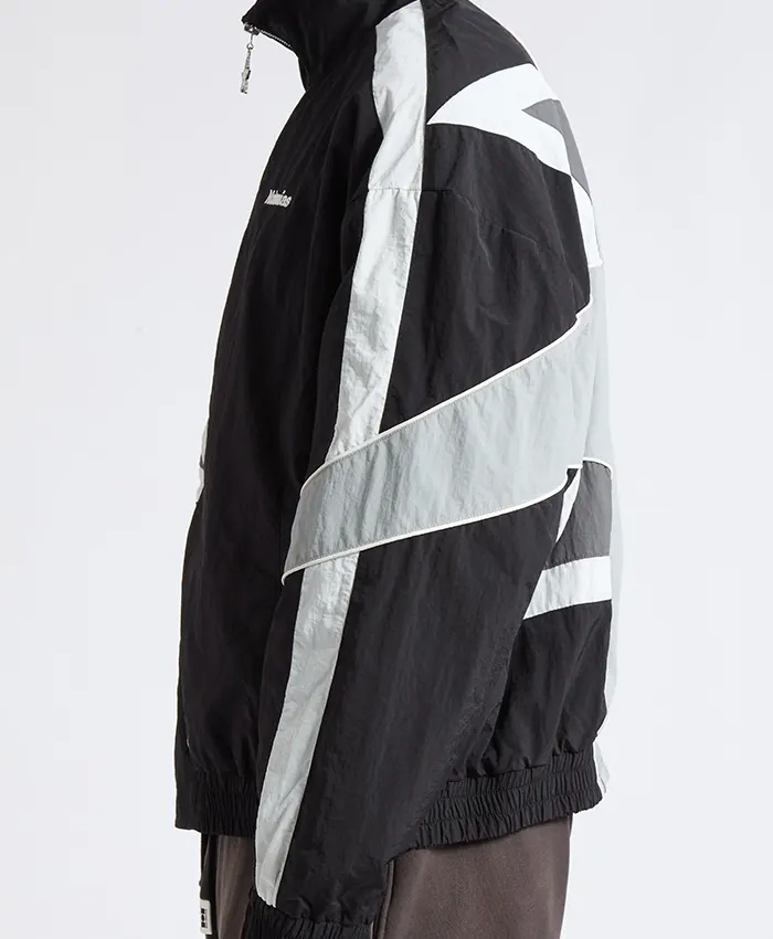 Close view of Jaxson Dart New York Giants NAHMIAS MVP Black Nylon Bomber Track Jacket
