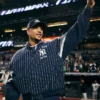 Close view of Josh Hart Kith for the New York Yankees 2026 Cupro Ferris Varsity Pinstripe Jacket