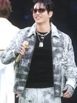 Close view of Jungkook BTS ARIRANG World Tour Chicago L-Pylon-A Cracked-Finish Leather Jacket