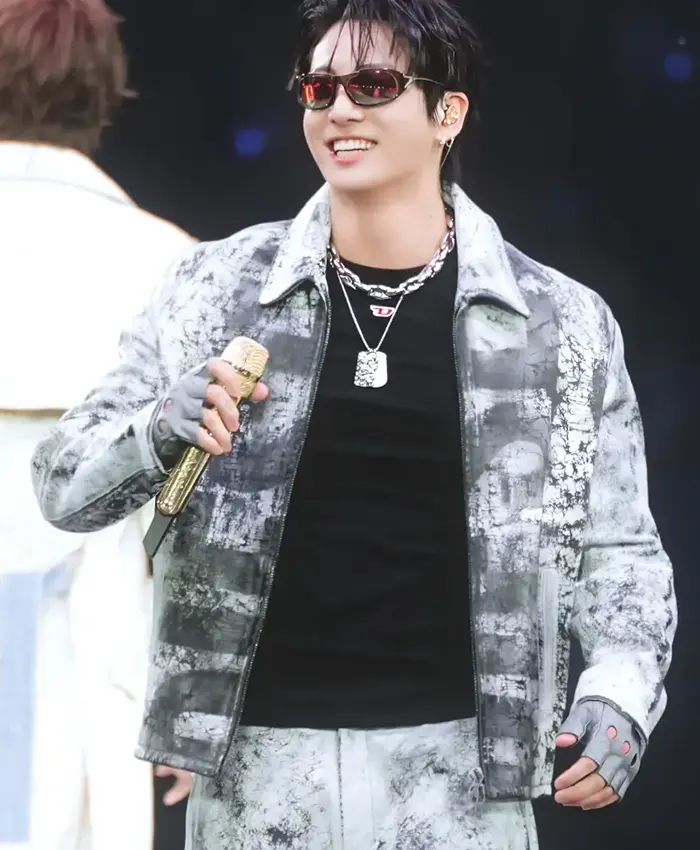 Close view of Jungkook BTS ARIRANG World Tour Chicago L-Pylon-A Cracked-Finish Leather Jacket