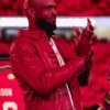 Close view of Kansas City Chiefs Derrick Johnson Hall of Fame Arrowhead Stadium Red Leather Jacket