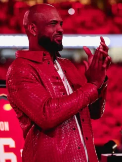 Close view of Kansas City Chiefs Derrick Johnson Hall of Fame Arrowhead Stadium Red Leather Jacket
