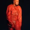 Close view of Kanye West Night Two YE’s Homecoming Show Chicago Red Custom Leather Tracksuit