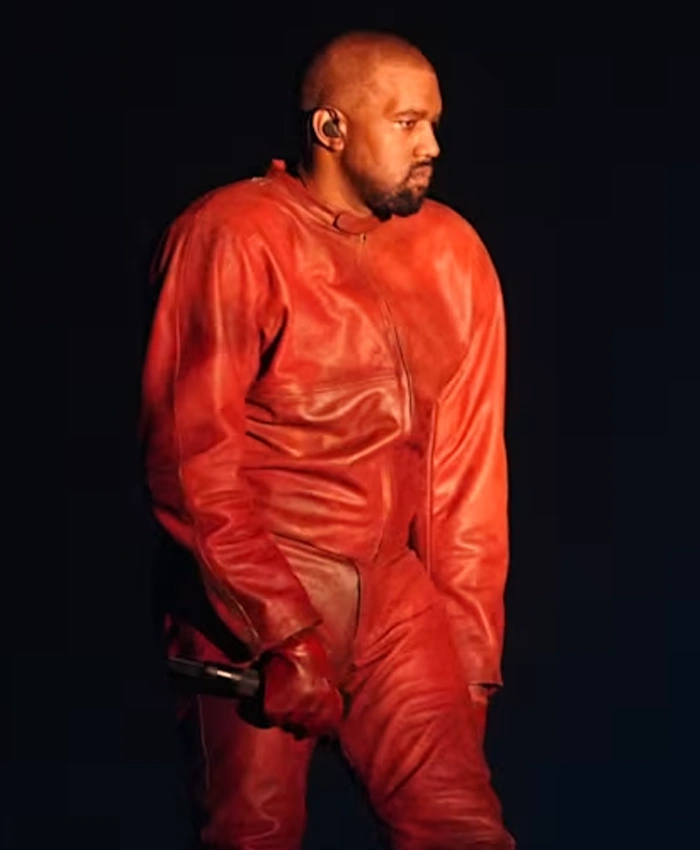Close view of Kanye West Night Two YE’s Homecoming Show Chicago Red Custom Leather Tracksuit