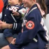 Close view of Kate Upton MLB Detroit Tigers Verlander 35 VIVI Career Celebration Navy Wool Varsity Jacket