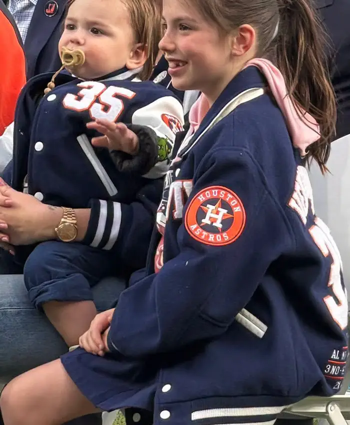 Close view of Kate Upton MLB Detroit Tigers Verlander 35 VIVI Career Celebration Navy Wool Varsity Jacket