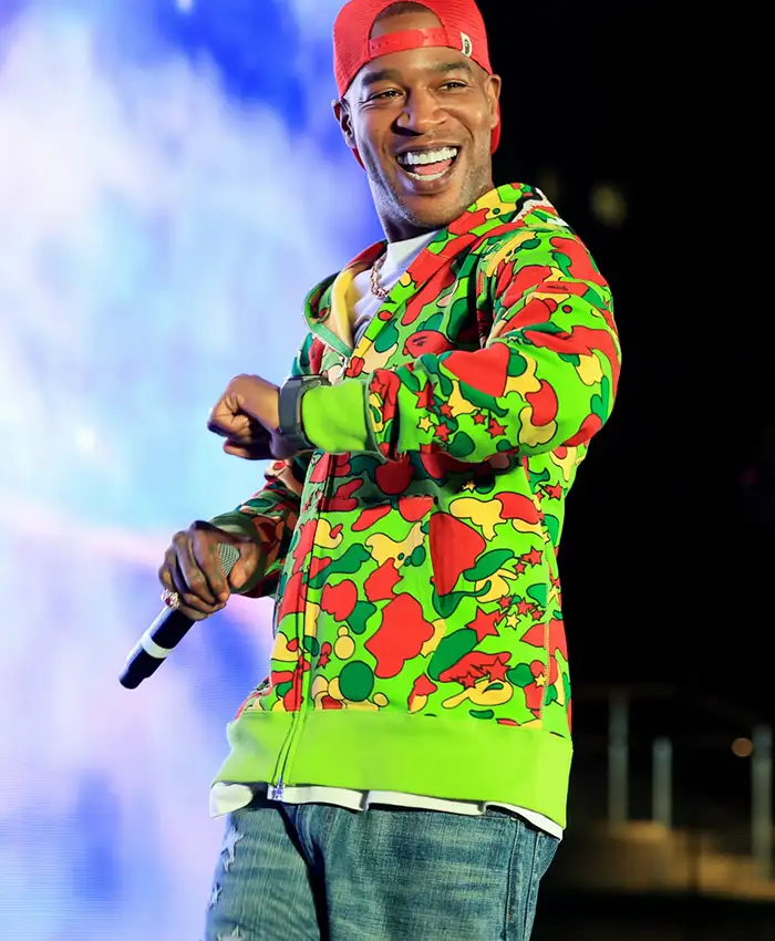 Close view of Kid Cudi Charlize Theron's Africa Outreach Project Annual Block Party 2026 Green Camo Shark Zip Hoodie