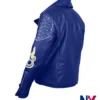 Close view of King Ben Movie Descendants 2 Mitchell Hope Biker Blue Leather Jacket