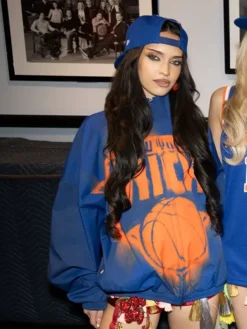 Close view of Knicks NBC Saturday Night Live Season 52 NBA New York KATSEYE Polyester Blue Track Jacket
