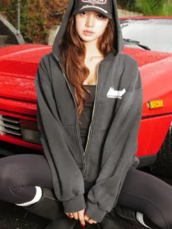 Close view of LLOUD x Von Dutch Hollywood Lisa Distressed Charcoal Fleece Hooded Jacket