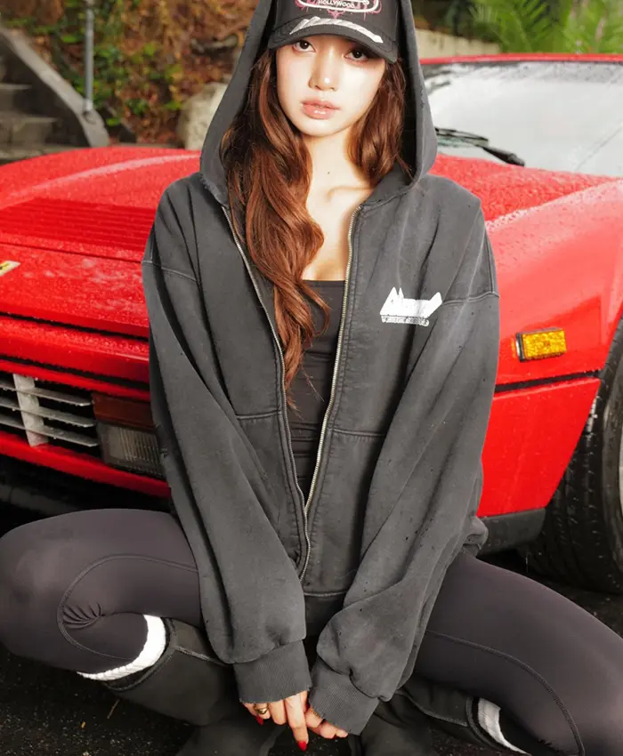 Close view of LLOUD x Von Dutch Hollywood Lisa Distressed Charcoal Fleece Hooded Jacket