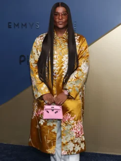 Close view of Law Roach 78th Primetime Emmy Awards Floral-Embroidered Satin Golden Trench Coat