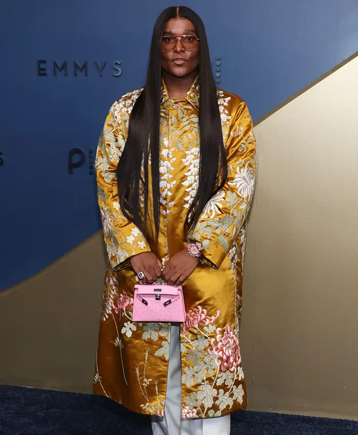 Close view of Law Roach 78th Primetime Emmy Awards Floral-Embroidered Satin Golden Trench Coat