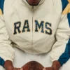 Close view of Los Angeles Rams x Elwood Off-White Retro Blue And Gold Helmet Windbreaker Jacket