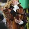 Close view of Luisa Sonza NFL Packers vs Eagles Performance 2026 Brown Leather Jacket